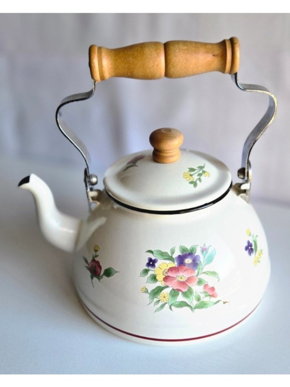 Fujiware America Lancaster Enamel Whistling Tea Kettle 2.5 QT w/ Floral Pattern